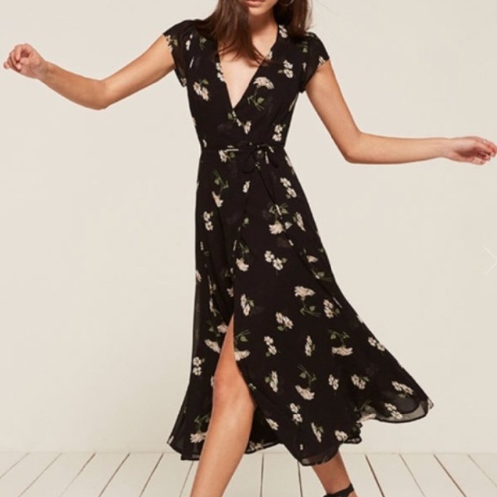 Reformation Carina Black Floral Midi Wrap Dress